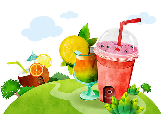 PSD 나무 식물 구름 계절 음료 백그라운드 잎 오렌지 과일 일러스트 잔 빨대 풍경 사람없음 컵 여름 과일주스 오렌지주스 레몬 언덕 화단 코코넛 야자열매 체리주스 국내일러스트 자연요소 식기 열매 주스 파일형식