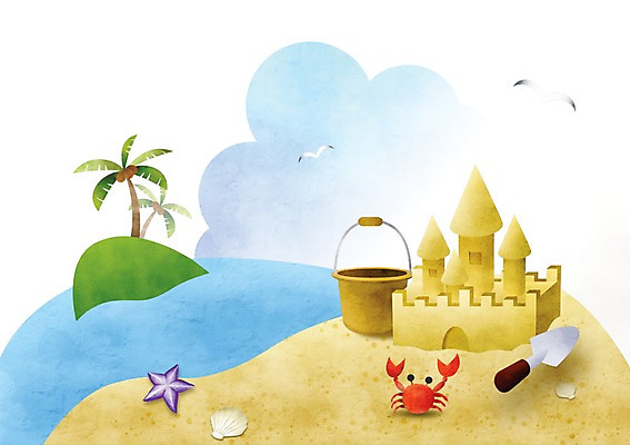 PSD 나무 식물 동물 계절 모래 바다 섬 백그라운드 일러스트 갈매기 조류 조개 불가사리 갑각류 풍경 해변 사람없음 여름 꽃게 게 모종삽 양동이 모래성 모래삽 국내일러스트 어패류 극피동물 삽 파일형식