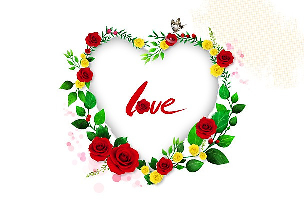 PSD 식물 동물 편집이미지 문자 영어 꽃 나비 곤충 액자 잎 프레임 사랑 틀 사람없음 빨간색 장미 노란색 하트 덩굴 이미지편집 모양 감정 컬러 파일형식