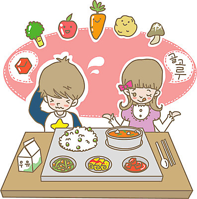 여자 어린이교육 교육 남자 어린이 음식 채소 일러스트 젓가락 밥 반찬 미소 웃음 사람 앉기 소녀 소년 상반신 두명 친구 숟가락 식사 우유 찡그림 국 점심 식판 급식 식사예절 식습관 편식 어린이만 국내일러스트 AI파일 관계 모션 유제품 수저 표정 예절 식생활 파일형식 벡터