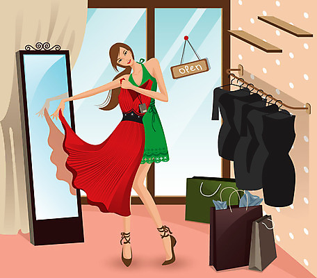 전신 문양 우먼라이프 라이프스타일 드레스 옷 원피스 여자 패션 무늬 패턴 일러스트 창문 벽지 출입구 한명 서기 미소 웃음 사람 성인 쇼핑 뷰티 쇼핑백 문 상점 전시 거울 커튼 오픈 우아함 옷가게 전신거울 여자만 여자한명만 성인여자만 성인만 국내일러스트 AI파일 1 컨셉 가방 모션 표정 생활 파일형식 벡터