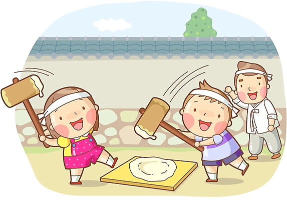 전신 나무 식물 여자 어린이교육 교육 남자 어린이 벽 일러스트 떡 서기 미소 웃음 사람 소녀 소년 성인 세명 담장 체험학습 체험 떡방아 떡메 국내일러스트 AI파일 컨셉 모션 표정 방아 파일형식 벡터