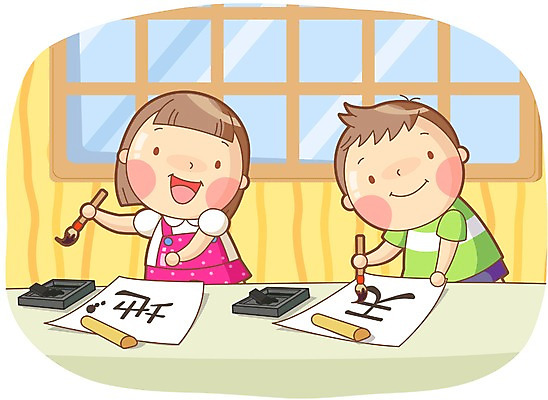 여자 어린이교육 교육 남자 종이 어린이 일러스트 창문 서예 미소 웃음 사람 소녀 소년 상반신 두명 한자 기록 붓 체험학습 체험 먹 벼루 문방사우 화선지 어린이만 국내일러스트 AI파일 문자 한국전통 컨셉 표정 한지 파일형식 벡터