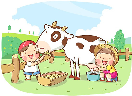 전신 나무 식물 동물 구름 모자 여자 어린이교육 교육 남자 어린이 일러스트 포유류 하늘 미소 웃음 사람 소녀 소년 잔디 초원 두명 농장 목장 체험학습 체험 풀 소 건초 먹이 젖소 어린이만 국내일러스트 AI파일 자연요소 잡화 컨셉 농업 표정 파일형식 벡터