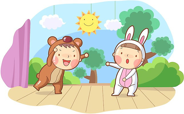 전신 나무 식물 구름 여자 어린이교육 교육 남자 어린이 일러스트 서기 미소 웃음 사람 소녀 소년 두명 태양 공연 무대 커튼 체험학습 체험 연극 인형옷 어린이만 국내일러스트 AI파일 자연요소 옷 컨셉 모션 문화예술 표정 이벤트 파일형식 벡터