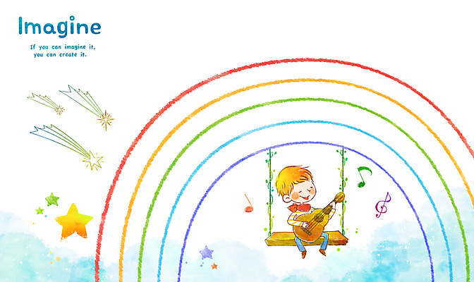 전신 PSD 남자 별 어린이 악기 무지개 연주 음표 일러스트 상상 현악기 상상일러스트 한명 미소 웃음 사람 앉기 소년 판타지 기타 높은음자리표 그네 남자만 남자한명만 어린이만 소년만 소년한명만 국내일러스트 자연요소 1 기호 음악 모션 표정 파일형식