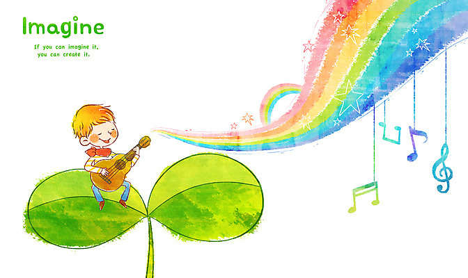 전신 PSD 남자 어린이 악기 무지개 잎 연주 음표 일러스트 상상 현악기 상상일러스트 한명 미소 웃음 사람 앉기 소년 판타지 새싹 기타 높은음자리표 남자만 남자한명만 어린이만 소년만 소년한명만 국내일러스트 자연요소 식물 1 기호 음악 모션 표정 파일형식