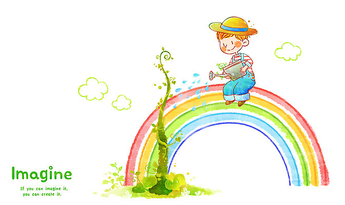 전신 PSD 나무 식물 모자 남자 어린이 무지개 일러스트 상상 주전자 상상일러스트 한명 미소 웃음 사람 앉기 소년 판타지 물뿌리개 풀 물주기 남자만 남자한명만 어린이만 소년만 소년한명만 국내일러스트 자연요소 1 잡화 모션 주방용품 표정 파일형식