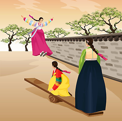 전신 나무 식물 한국문화 한국전통 전통 여자 명절 전통문화 문화 일러스트 서기 미소 웃음 사람 성인 세명 담장 전통놀이 널 전통의상 한복 널뛰기 여자만 성인여자만 성인만 국내일러스트 AI파일 동양문화 기념일 모션 놀이 한국 표정 파일형식 벡터