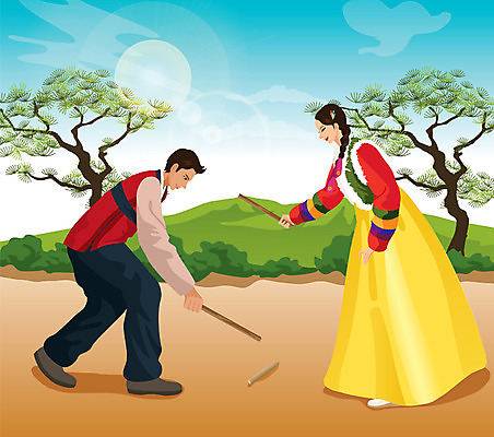 전신 나무 식물 구름 한국문화 한국전통 전통 여자 명절 남자 전통문화 문화 일러스트 하늘 산 서기 미소 웃음 사람 성인 두명 전통놀이 막대기 전통의상 한복 자치기 성인만 국내일러스트 AI파일 자연요소 동양문화 기념일 모션 놀이 한국 표정 파일형식 벡터