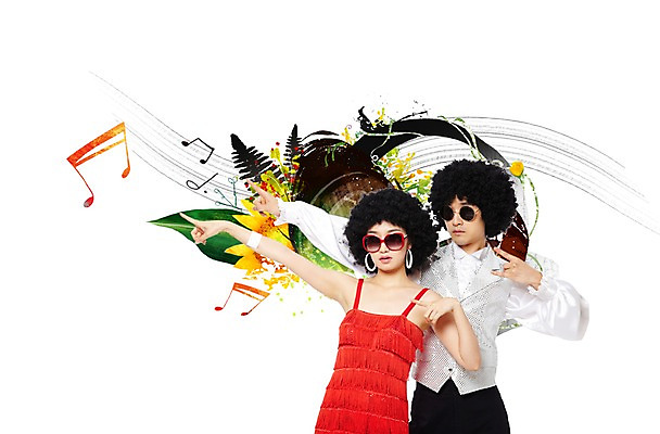 PSD 편집이미지 원피스 여자 패션 남자 음악 포즈 음표 팔찌 모션 사람 동양인 손짓 상반신 20대 성인 두명 앞모습 청춘 치마 선글라스 손들기 귀걸이 한국인 춤 파마 추억 가발 복고 디스코 복고댄스 똑같은 청년만 성인만 이미지편집 헤어스타일 기호 옷 안경 뷰포인트 컨셉 장신구 하의 문화예술 인종 청년 파일형식