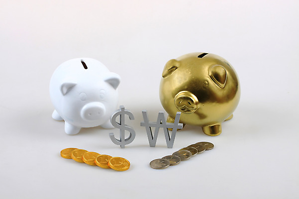 포토 JPG 스튜디오촬영 문자 기호 컬러 컨셉 돈 비즈니스 실내 사람없음 금융 경제 달러 동전 저축 돼지저금통 저금통 금색 절약 원화 화폐기호 황금 오브젝트 외화 금화 국내포토 내부 재산 화폐 파일형식