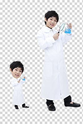 전신 편집이미지 직업 학생 라이프스타일 어린이교육 교육 남자 어린이라이프 초등학생 어린이 과학 상상 돋보기 실험기구 실험 서기 미소 웃음 들기 사람 동양인 소년 두명 앞모습 10대 희망 꿈 가운 실험복 과학자 플라스크 장래희망 PNG 남자만 소년만 편집소스 옷 감정 뷰포인트 모션 청소년 표정 인종 생활 학자 어린이만 파일형식
