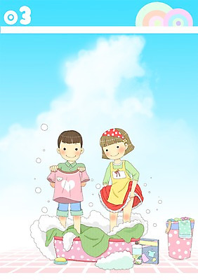 전신 PSD 구름 여자 남자 어린이 티셔츠 일러스트 두건 서기 들기 사람 소녀 소년 두명 10대 바구니 앞치마 거품 이불 달력 빨래 3월 세제 양동이 빨래바구니 십대만 국내일러스트 자연요소 셔츠 가사 침구 모션 청소년 날짜 파일형식