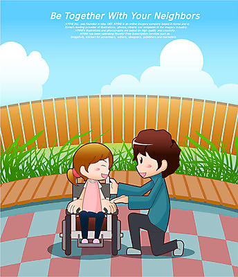 전신 식물 구름 응시 여자 남자 어린이 일러스트 사람 앉기 소녀 20대 성인 두명 봉사 도움 풀 자원봉사자 무릎꿇기 장애인 사회복지 복지 휠체어 더불어사는사회 사회봉사 선행 국내일러스트 AI파일 자연요소 시선 컨셉 모션 청년 사회이슈 장애 파일형식 벡터