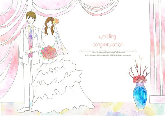 전신 PSD 식물 드레스 여자 남자 꽃 화분 신부 부케 웨딩드레스 포즈 신랑 결혼 일러스트 수채화 새출발 새로움 서기 사람 정장 턱시도 20대 성인 두명 장식 팔짱 희망 꿈 커튼 시작 긍정 기념사진 청년만 성인만 국내일러스트 옷 감정 꽃다발 컨셉 모션 이벤트 청년 출발 파일형식