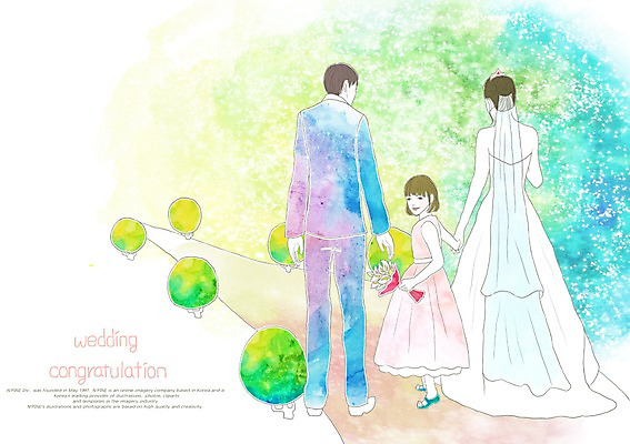 전신 PSD 식물 드레스 여자 남자 신부 어린이 부케 웨딩드레스 신랑 결혼 일러스트 수채화 새출발 새로움 서기 들기 사람 정장 턱시도 소녀 성인 장식 세명 30대 희망 꿈 풀 시작 긍정 국내일러스트 옷 감정 꽃다발 컨셉 모션 이벤트 장년 출발 파일형식