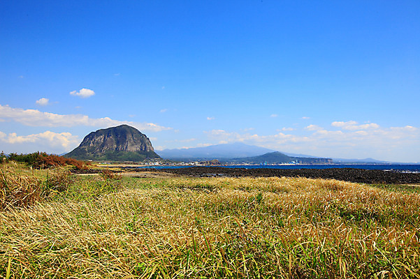 포토 JPG 주간 식물 구름 바다 섬 자연 하늘 산 한국 풍경 초원 해변 사람없음 야외 제주도 맑음 돌_바위 바위 풀 산방산 국내포토 자연요소 아시아 날씨 생태계 파일형식