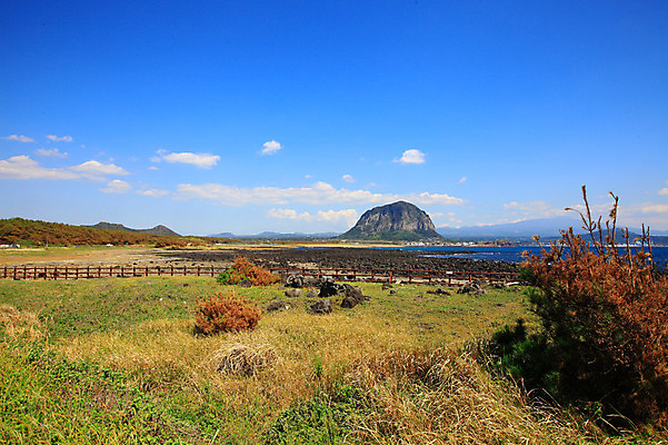 포토 JPG 주간 나무 식물 구름 바다 섬 자연 하늘 산 한국 풍경 초원 해변 사람없음 야외 울타리 제주도 맑음 돌_바위 바위 산방산 국내포토 자연요소 아시아 날씨 담장 생태계 파일형식