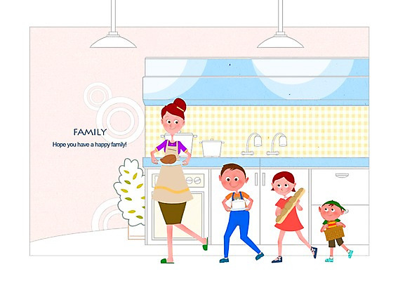 전신 PSD 여자 남자 딸 아들 어린이 빵 일러스트 가정 가족 엄마 전등 조명 함께함 요리 서기 미소 웃음 사람 소녀 소년 여러명 성인 부모 주방 앞치마 화목 자녀 가스레인지 오븐 싱크대 다자녀 다자녀가족 국내일러스트 음식 다수 컨셉 관계 모션 표정 가전제품 레인지 개수대 파일형식