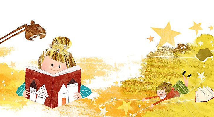 PSD 여자 별 여유 어린이 일러스트 조명 미소 웃음 사람 소녀 두명 책 독서 스탠드 비행 북페스티벌 여자만 어린이만 소녀만 국내일러스트 자연요소 감정 표정 축제 파일형식