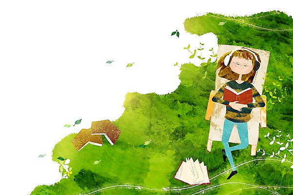 전신 PSD 식물 여자 여유 어린이 음악 의자 일러스트 나뭇잎 한명 미소 웃음 사람 앉기 소녀 잔디 초원 책 독서 헤드폰 헤드셋 음악감상 감상 풀 북페스티벌 여자만 여자한명만 어린이만 소녀만 소녀한명만 국내일러스트 1 감정 음향기기 가구 잎 모션 문화예술 표정 축제 파일형식