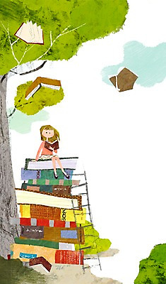 전신 PSD 나무 식물 구름 여자 여유 어린이 일러스트 사다리 한명 미소 웃음 사람 앉기 소녀 책 독서 북페스티벌 여자만 여자한명만 어린이만 소녀만 소녀한명만 국내일러스트 자연요소 1 감정 모션 표정 축제 도구 파일형식