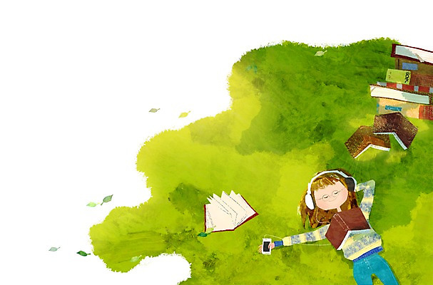 PSD 식물 여자 여유 어린이 음악 일러스트 휴식 나뭇잎 한명 미소 웃음 사람 소녀 잔디 초원 책 눕기 독서 헤드폰 헤드셋 음악감상 감상 풀 북페스티벌 여자만 여자한명만 어린이만 소녀만 소녀한명만 국내일러스트 1 감정 음향기기 컨셉 잎 모션 문화예술 표정 축제 파일형식