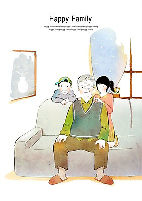 PSD 여자 할아버지 노년 남자 행복 어린이 액자 일러스트 창문 가족 손자 손녀 프레임 함께함 틀 미소 웃음 사람 소녀 소년 여러명 성인 소파 화목 커튼 손주 국내일러스트 감정 다수 컨셉 의자 관계 표정 파일형식