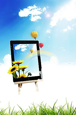 PSD 식물 구름 편집이미지 꽃 무지개 하늘 해바라기 사람없음 전자제품 컴퓨터 태블릿 스크린 터치 기구 열기구 풀 스마트 이젤 소통 이미지편집 자연요소 컨셉 항공교통 스마트기기 미술도구 파일형식