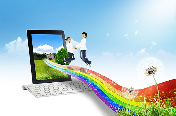 전신 PSD 나무 식물 구름 편집이미지 여자 남자 어린이 무지개 하늘 서기 미소 웃음 사람 소녀 소년 잔디 초원 두명 전자제품 컴퓨터 태블릿 스크린 점프 터치 키보드 풀 민들레 스마트 민들레홀씨 소통 어린이만 이미지편집 자연요소 꽃 컨셉 모션 표정 스마트기기 파일형식