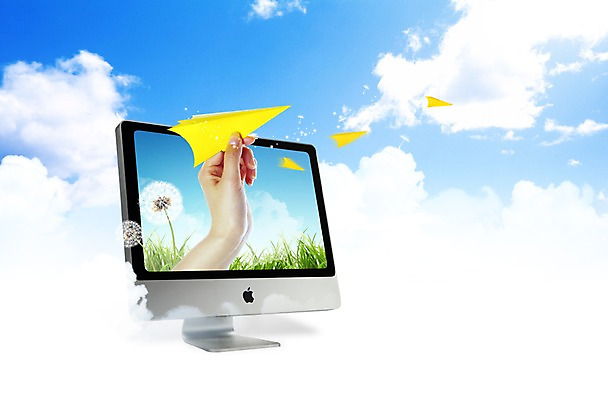 PSD 식물 구름 편집이미지 손 하늘 한명 사람 신체부위 전자제품 컴퓨터 모니터 풀 민들레 스마트 종이비행기 민들레홀씨 소통 이미지편집 자연요소 1 꽃 컨셉 종이접기 파일형식