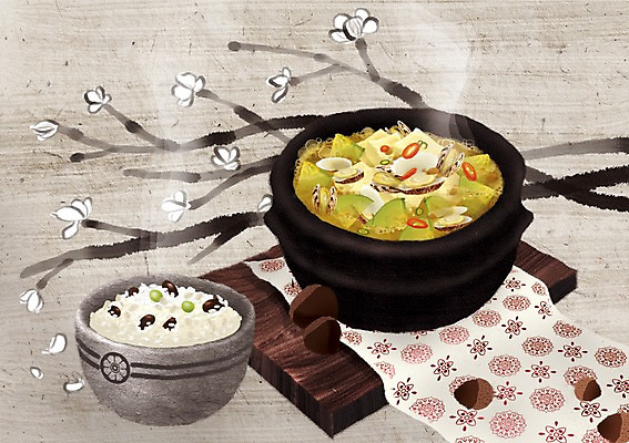 PSD 나무 식물 꽃 한식 일러스트 밥 요리 사람없음 전통문양 식탁보 된장찌개 뚝배기 밥그릇 나무받침 국내일러스트 전통 문양 그릇 음식 목재 찌개 받침대 파일형식