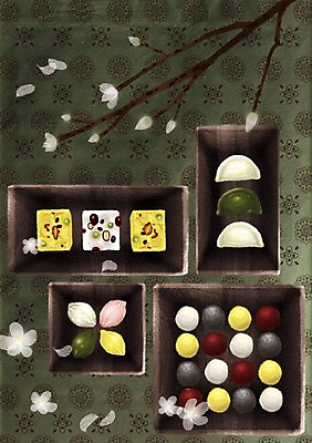 PSD 나무 식물 한국문화 한국전통 전통 그릇 접시 꽃 전통문화 한식 음식 일러스트 떡 한국 요리 사람없음 전통음식 송편 경단 오색송편 찰떡 국내일러스트 동양문화 식기 아시아 문화 파일형식