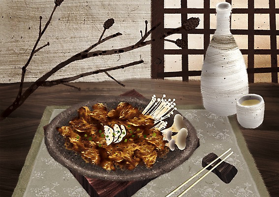 PSD 나무 식물 한국문화 한국전통 전통 그릇 접시 전통문화 한식 음식 술잔 일러스트 젓가락 술병 잔 한국 육류 요리 사람없음 컵 버섯 전통음식 병 표고버섯 육식 불고기 국내일러스트 동양문화 식기 아시아 문화 식재료 병_용기 주류 수저 파일형식