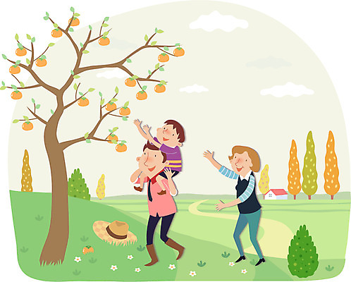 전신 나무 식물 구름 모자 여자 남자 아들 어린이 농업 과일 일러스트 가족 엄마 주택 함께함 감 서기 미소 웃음 사람 소년 성인 세명 부모 농사 자녀 목말 아빠 농부 감나무 밀짚모자 귀농 감따기 국내일러스트 AI파일 자연요소 직업 모자_잡화 잡화 산업 컨셉 관계 모션 표정 건물 파일형식 벡터