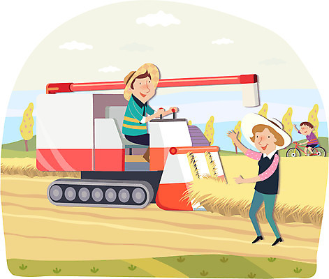 나무 식물 구름 모자 여자 남자 아들 어린이 교통수단 밭 농업 일러스트 가족 엄마 곡류 논 함께함 미소 웃음 사람 소년 성인 세명 부모 농사 자전거 수확 벼 자녀 아빠 농부 승차 농기구 밀짚모자 귀농 콤바인 국내일러스트 AI파일 자연요소 직업 모자_잡화 잡화 산업 교통 컨셉 관계 모션 표정 바이크 파일형식 벡터