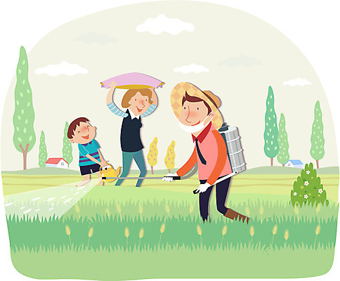 전신 나무 식물 구름 모자 여자 남자 아들 어린이 농업 일러스트 가족 엄마 주전자 주택 논 함께함 서기 미소 웃음 사람 소년 성인 세명 부모 농사 식사 기계 벼 자녀 아빠 농부 밀짚모자 귀농 살충제 농약 병충해예방 국내일러스트 AI파일 자연요소 직업 모자_잡화 잡화 산업 컨셉 관계 모션 주방용품 곡류 표정 건물 예방 파일형식 벡터