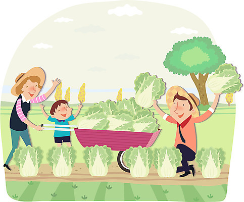 전신 나무 식물 구름 모자 여자 남자 아들 어린이 밭 농업 채소 일러스트 가족 엄마 함께함 서기 미소 웃음 사람 소년 성인 세명 부모 농사 수레 자녀 아빠 농부 배추 밀짚모자 귀농 배추밭 국내일러스트 AI파일 자연요소 직업 모자_잡화 잡화 산업 컨셉 관계 모션 표정 카트 파일형식 벡터