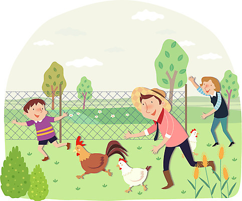 전신 나무 식물 동물 구름 모자 여자 남자 아들 어린이 농업 일러스트 가족 조류 엄마 함께함 서기 미소 웃음 사람 소년 성인 세명 부모 농사 가축 자녀 닭 아빠 농부 밀짚모자 귀농 철조망 강아지풀 양계장 국내일러스트 AI파일 자연요소 직업 모자_잡화 잡화 산업 컨셉 관계 모션 표정 한해살이풀 파일형식 벡터