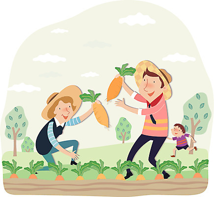 전신 나무 식물 구름 모자 여자 남자 아들 어린이 밭 농업 채소 일러스트 가족 엄마 함께함 서기 미소 웃음 사람 소년 성인 세명 부모 농사 자녀 아빠 농부 무 밀짚모자 귀농 무밭 국내일러스트 AI파일 자연요소 직업 모자_잡화 잡화 산업 컨셉 관계 모션 뿌리채소 표정 파일형식 벡터