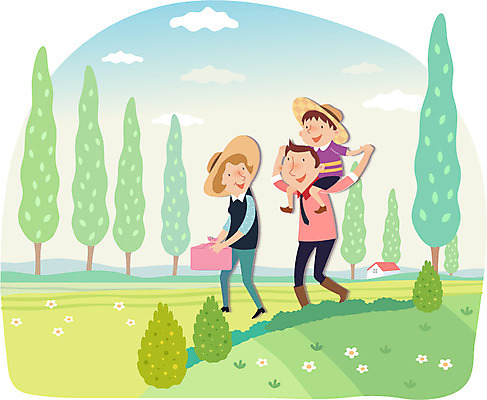 전신 나무 식물 구름 모자 여자 남자 아들 어린이 농업 일러스트 가족 엄마 주택 함께함 서기 미소 웃음 사람 소년 성인 세명 부모 농사 짐 자녀 보자기 목말 아빠 농부 보따리 밀짚모자 귀농 목마타기 국내일러스트 AI파일 자연요소 직업 모자_잡화 잡화 산업 컨셉 관계 모션 표정 건물 승차 파일형식 벡터 천_직물