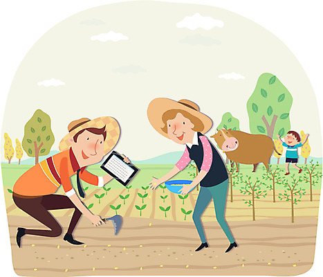 전신 나무 식물 동물 구름 모자 여자 남자 아들 어린이 농업 일러스트 포유류 가족 엄마 산 함께함 씨앗 서기 미소 웃음 사람 소년 성인 세명 전자제품 컴퓨터 부모 태블릿 바구니 새싹 스크린 농사 터치 자녀 소 아빠 농부 밀짚모자 귀농 국내일러스트 AI파일 자연요소 직업 모자_잡화 잡화 산업 컨셉 관계 모션 표정 스마트기기 파일형식 벡터