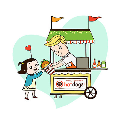 여자 남자 어린이 음식 일러스트 디저트 미소 웃음 사람 소녀 성인 두명 판매 상점 깃발 구매 종업원 고객 풍선 핫도그 노점 노점상 포장마차 핫도그가게 국내일러스트 AI파일 직업 패스트푸드 표정 쇼핑 식당 파일형식 벡터