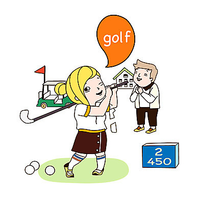 전신 여자 남자 말풍선 골프 일러스트 공 골프장 골프공 서기 미소 웃음 사람 성인 두명 건물 카트 골프채 깃발 골프카트 캐디 성인만 국내일러스트 AI파일 직업 건축물 스포츠시설 모션 골프용품 표정 구기 파일형식 벡터