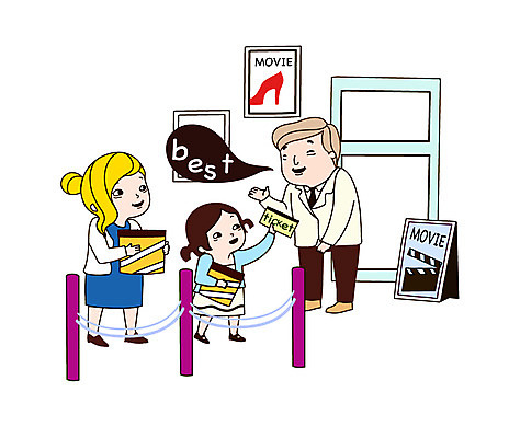 전신 여자 남자 포스터 어린이 일러스트 서기 미소 웃음 사람 소녀 성인 세명 티켓 영화관 고객 영화 직원 팝콘 국내일러스트 AI파일 모션 문화예술 표정 극장 파일형식 벡터