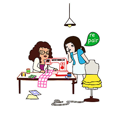 옷 여자 일러스트 탁자 미소 웃음 사람 성인 두명 직물 수리 마네킹 천 재봉틀 옷수선 여자만 성인여자만 성인만 국내일러스트 AI파일 가구 표정 파일형식 벡터