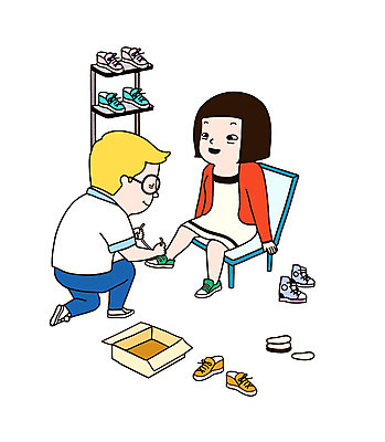 전신 여자 남자 운동화 신발 의자 일러스트 미소 웃음 사람 성인 두명 쇼핑 상자 상점 종업원 신발가게 성인만 국내일러스트 AI파일 직업 가구 표정 파일형식 벡터