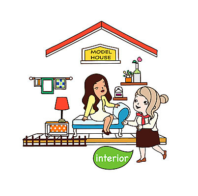전신 여자 가구 일러스트 주택 미소 웃음 사람 성인 두명 인테리어 오브젝트 모델하우스 여자만 성인여자만 성인만 국내일러스트 AI파일 디자인 생활용품 표정 건물 파일형식 벡터
