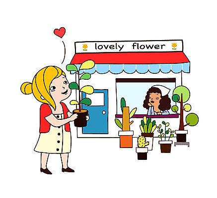 식물 여자 화분 일러스트 미소 웃음 사람 성인 두명 상점 꽃집 종업원 고객 직원 여자만 성인여자만 성인만 국내일러스트 AI파일 직업 표정 파일형식 벡터